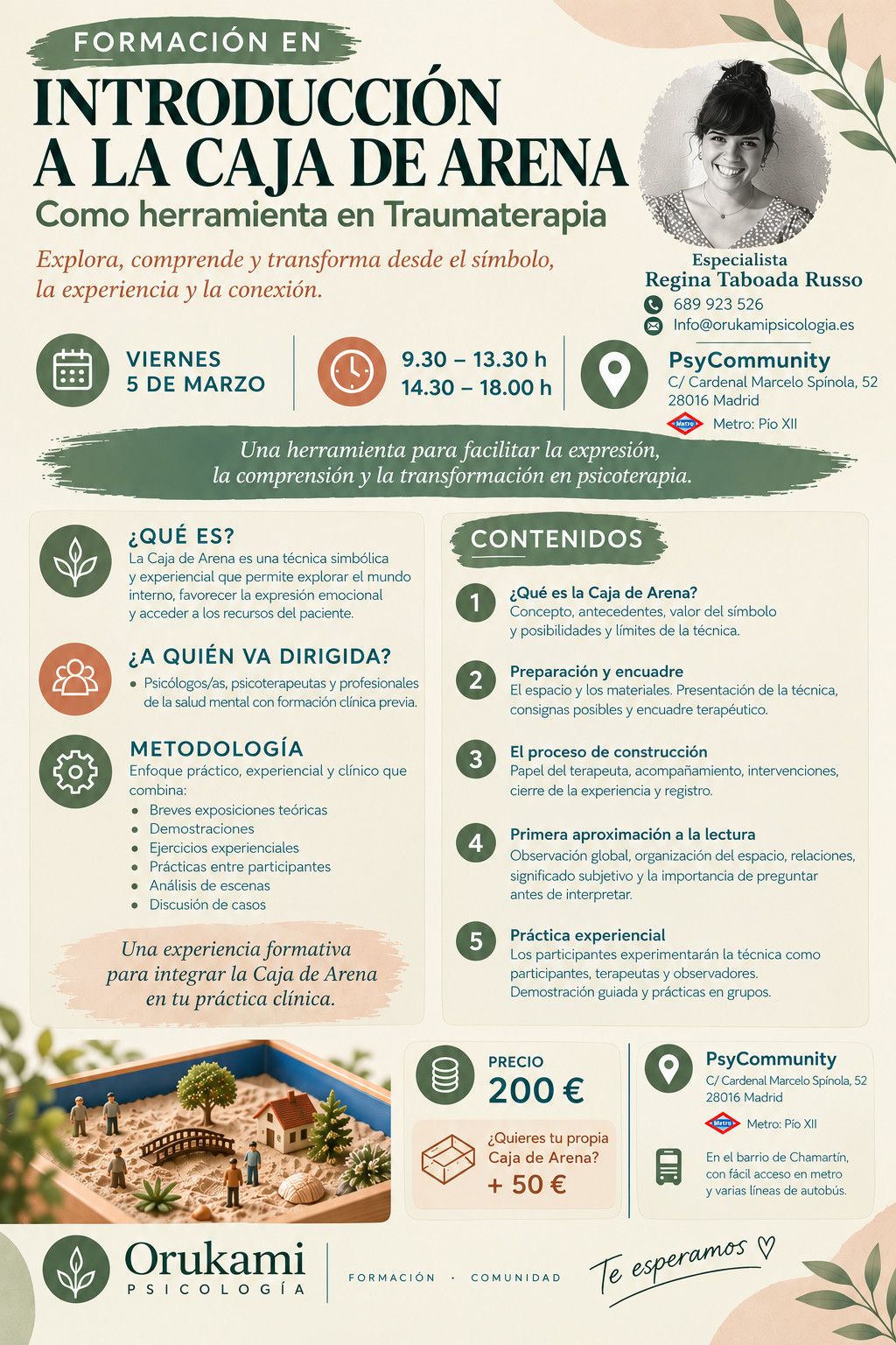 Cartel de la formación «Introducción a la Caja de Arena como herramienta en Traumaterapia», con Regina Taboada Russo: viernes 5 de marzo en PsyCommunity, Madrid. 200 €.